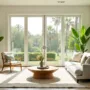 Modern Florida living room with sun-filtering window film installed on large windows, reducing glare and heat.