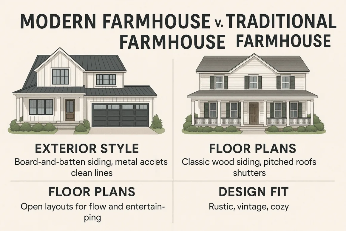Side-by-side comparison of modern farmhouse vs traditional farmhouse, showing exterior styles, floor plan differences, and design fit.