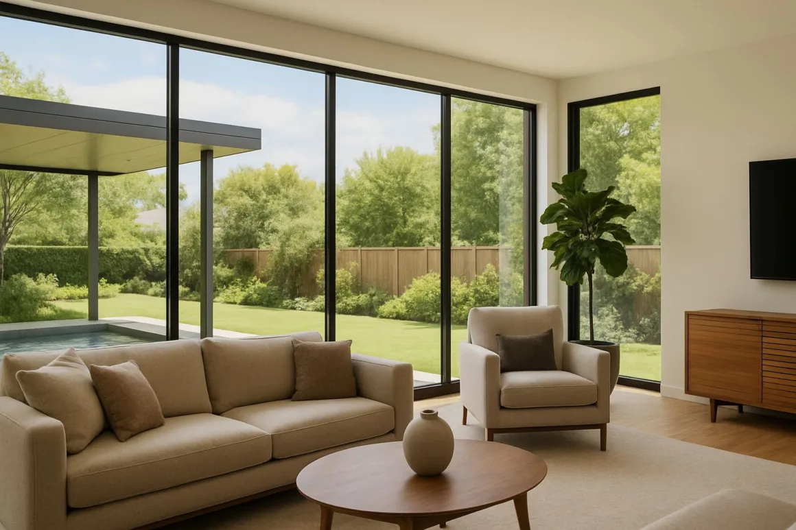 Bright Florida living room with large windows treated with nearly invisible window film, allowing sunlight while reducing heat and glare.