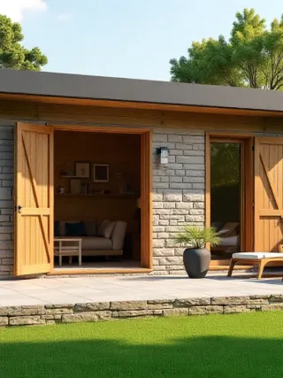 Modern prefab garden suite with stone exterior, wooden double doors, and a patio with lounge chairs, surrounded by lush green lawn and trees.