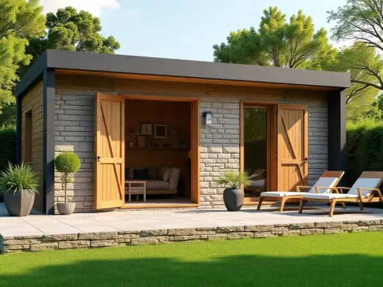 Modern prefab garden suite with stone exterior, wooden double doors, and a patio with lounge chairs, surrounded by lush green lawn and trees.
