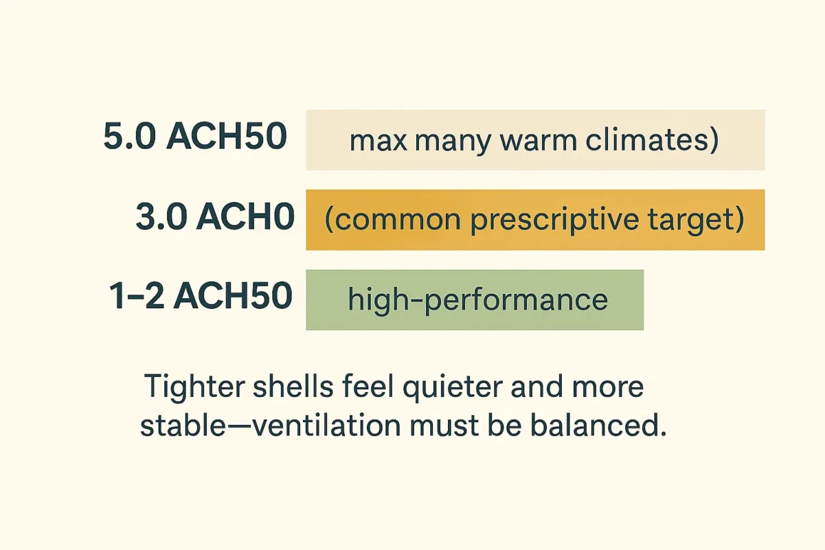Illustrative ACH50 bands for code-minimum to high-performance new homes.