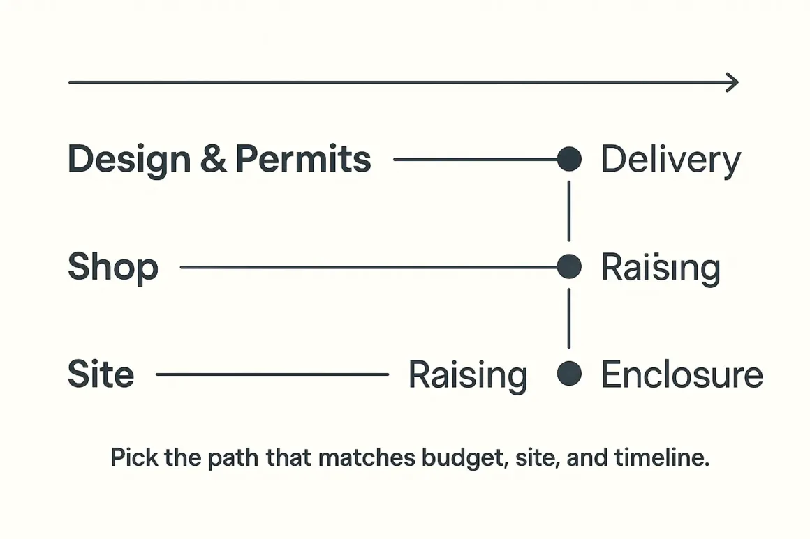 Swimlane timeline from concept to raising and enclosure showing key handoffs.
