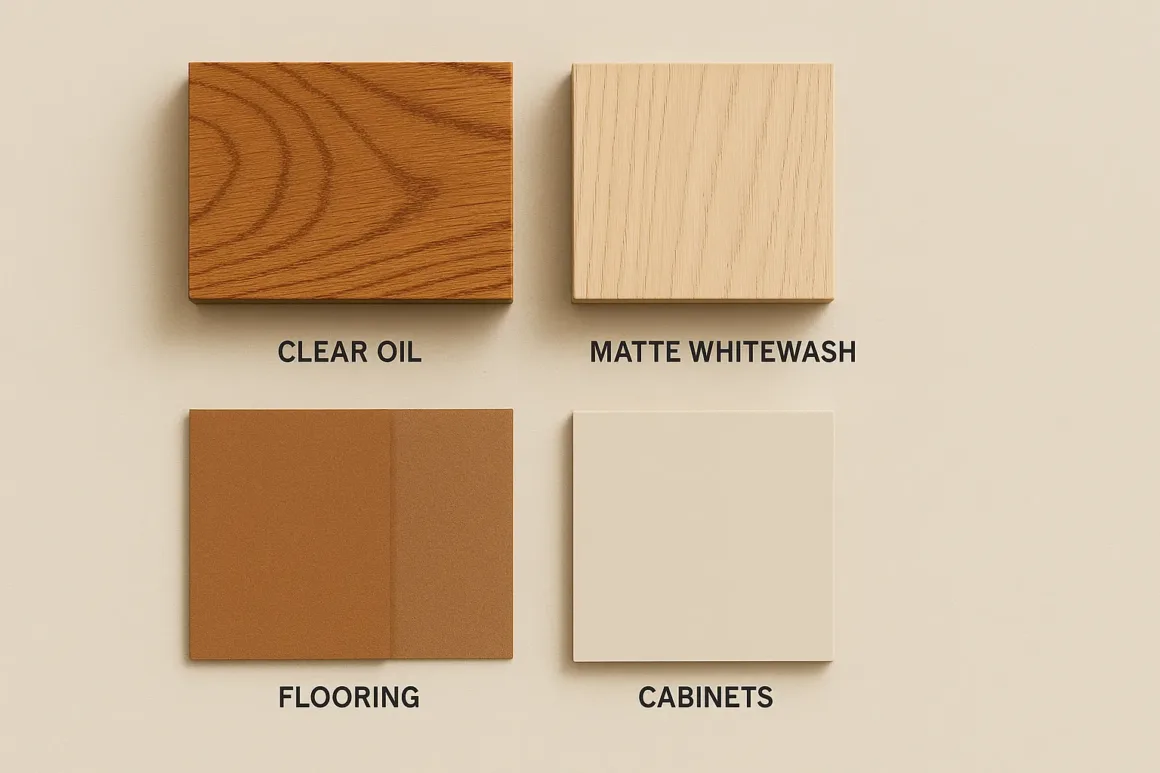Flat-lay of timber finish samples with complementary interior material swatches.