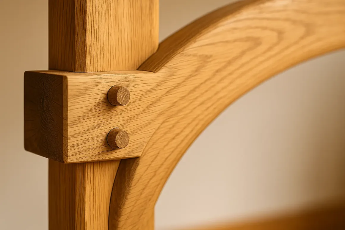 Mortise-and-tenon timber-frame joint with wood pegs and a curved brace.