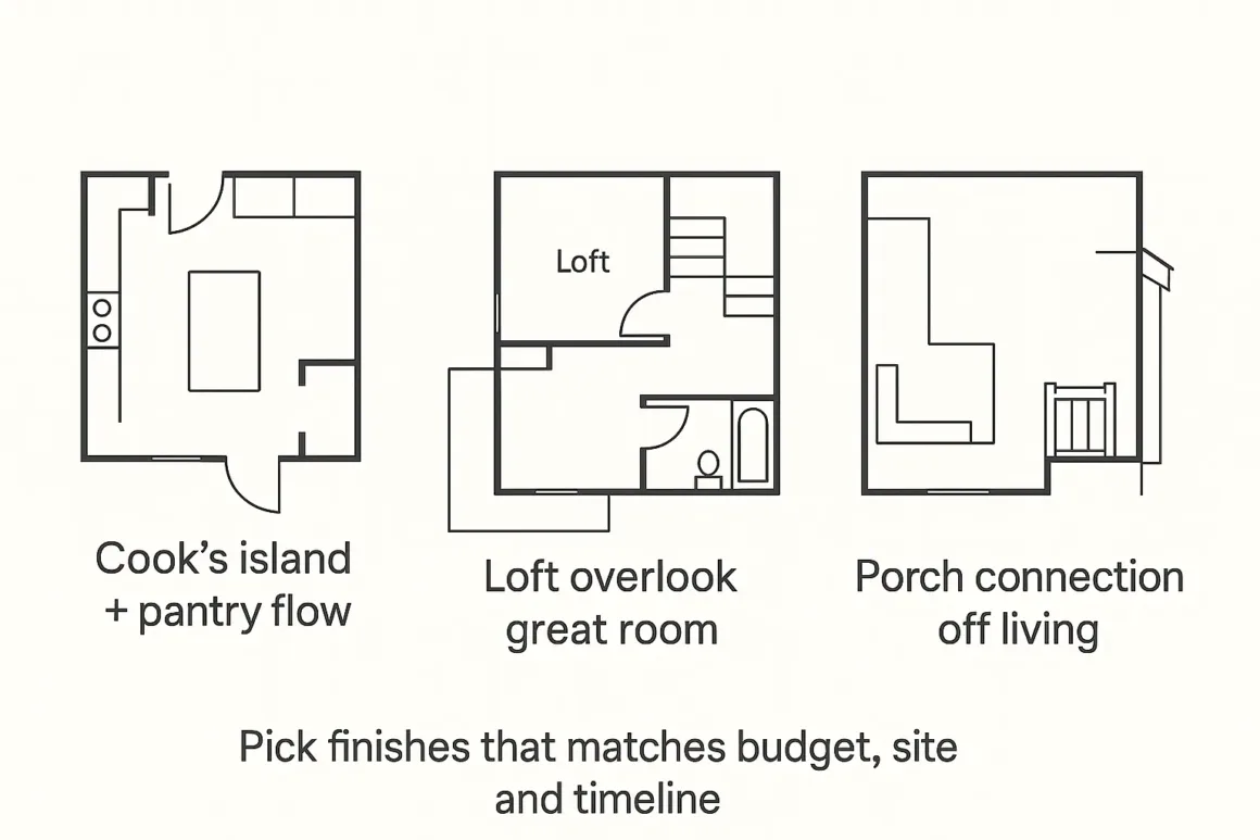 Three small floor-plan thumbnails showing kitchen-centric, loft, and porch-centric layouts.