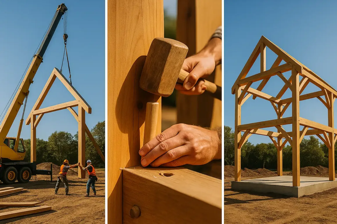 Three photos: crane setting timber bent, pegging a joint, completed frame.