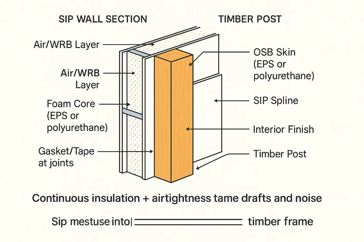 SIP wall section enclosing a timber post with callouts for air barrier, foam core, and reduced thermal bridging.
