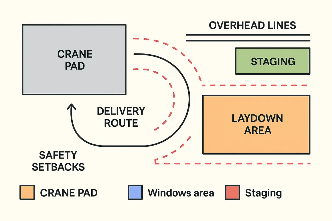 Annotated site diagram showing crane pad, material laydown, and clearances.