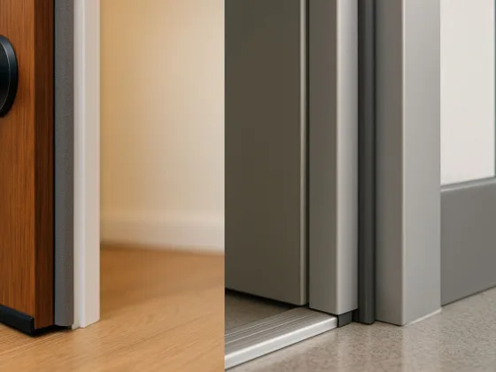 Side-by-side close-ups: residential door with foam weatherstripping and sweep (left) vs. commercial door with silicone bulb gasket and automatic door bottom (right).