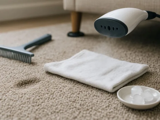 Removing furniture dents from carpet: ice melting on the dent, steamer held above a damp towel, hand lifting fibres with a spoon.