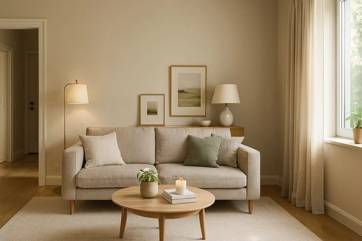 Bright neutral living room in a simple home transformed into a luxurious abode, with a large area rug, modern sofa, layered lighting, linen curtains and brass accents.
