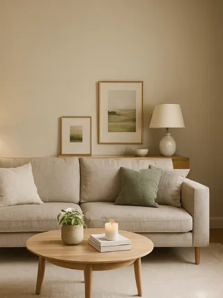 Bright neutral living room in a simple home transformed into a luxurious abode, with a large area rug, modern sofa, layered lighting, linen curtains and brass accents.