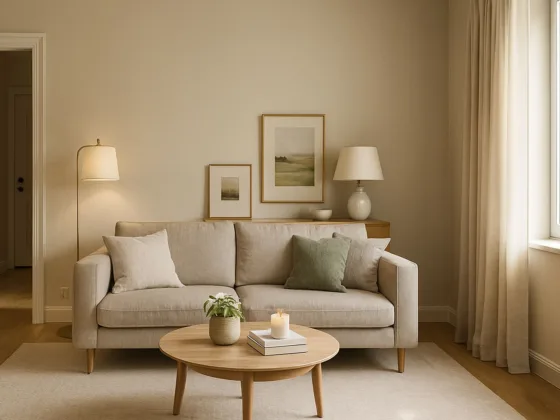 Bright neutral living room in a simple home transformed into a luxurious abode, with a large area rug, modern sofa, layered lighting, linen curtains and brass accents.