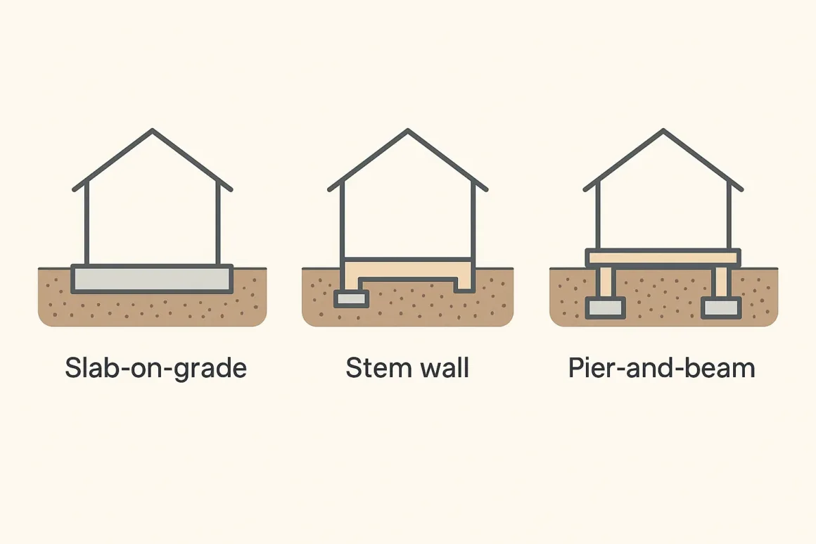 Diagram comparing slab-on-grade, stem-wall, and pier-and-beam foundation types for an ADU.