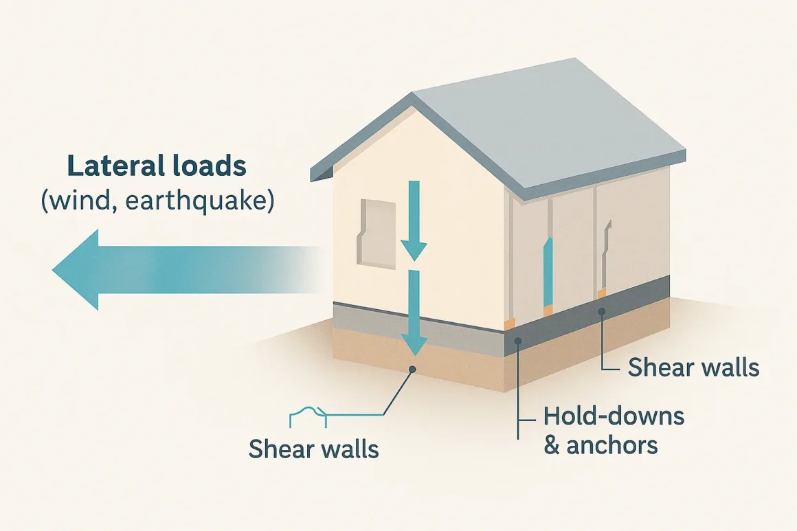 Diagram of wind and earthquake forces acting on an ADU, with shear walls and hold-downs resisting lateral loads.