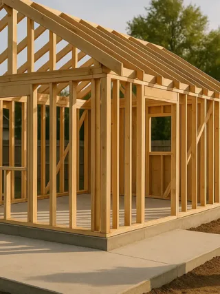 Detached backyard ADU under construction with concrete foundation and exposed wood framing behind a single-family home.