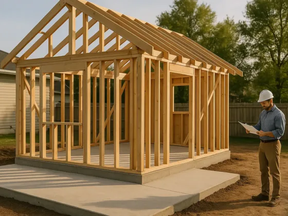 Detached backyard ADU under construction with concrete foundation and exposed wood framing behind a single-family home.