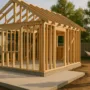 Detached backyard ADU under construction with concrete foundation and exposed wood framing behind a single-family home.