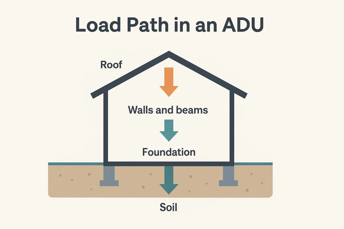 Infographic showing how loads move from an ADU roof through walls and beams into the foundation and soil.