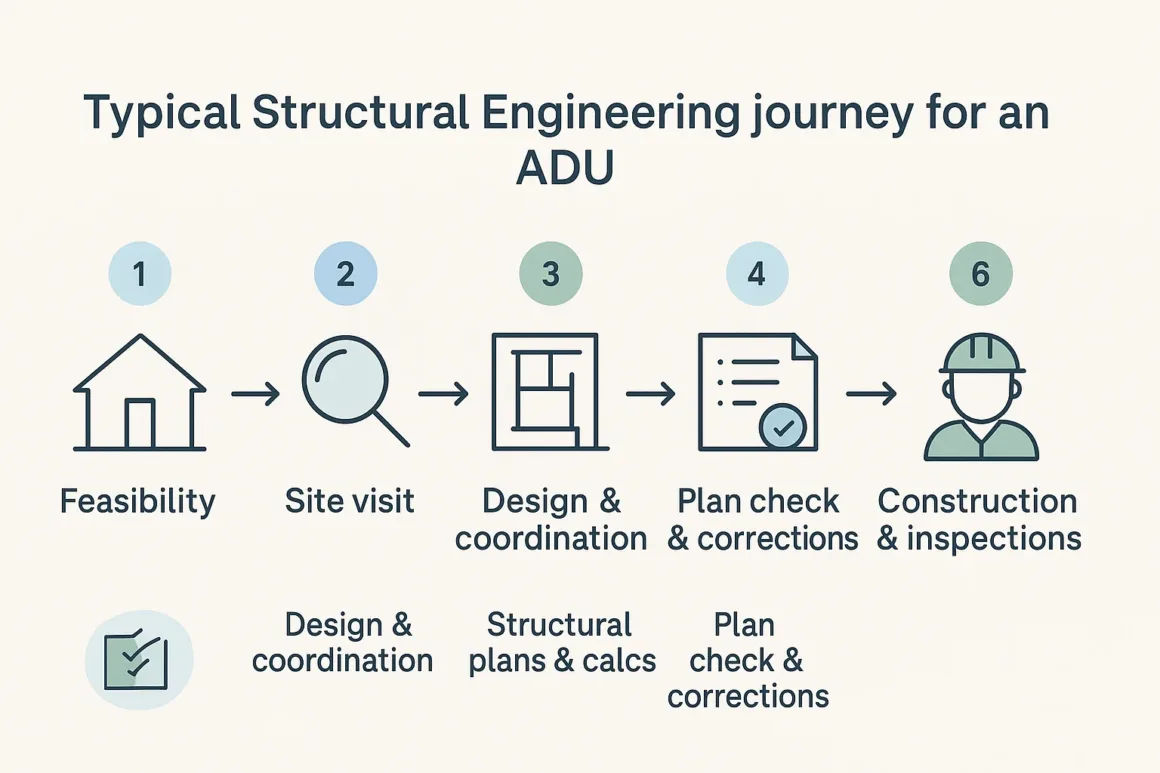 Infographic showing the ADU structural engineering process from feasibility through design, permits, and inspections.