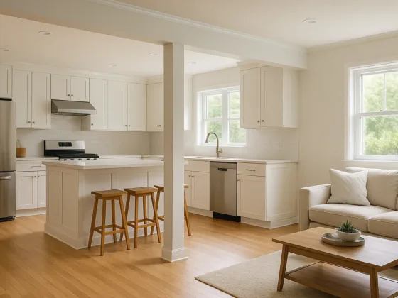 Open-concept kitchen and living room after kitchen wall removal, with structural beam, island seating, and continuous wood flooring