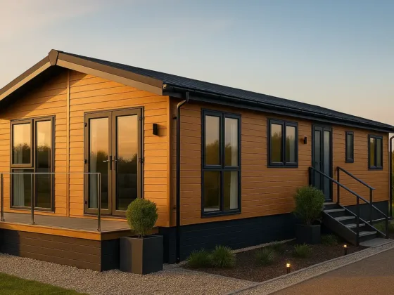 Contemporary twin-unit mobile home with anthracite windows and small front deck, evening light.