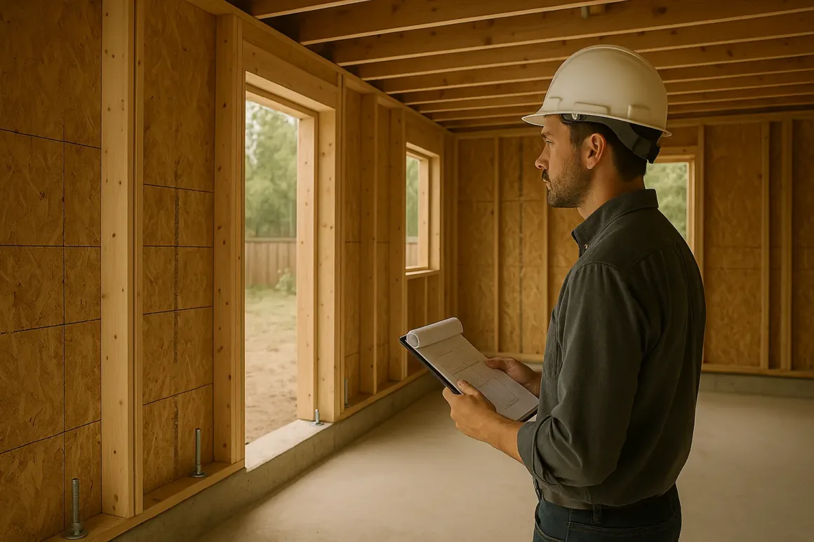 Building inspector reviewing structural plans inside a partially framed ADU with exposed shear walls and framing.
