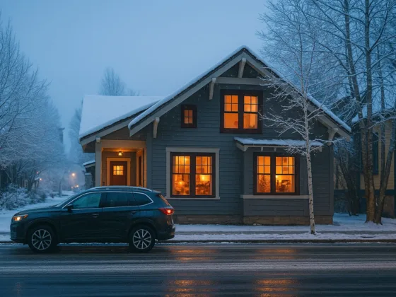 Winter home maintenance checklist—snow-covered house at dusk with warm interior lights