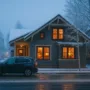 Winter home maintenance checklist—snow-covered house at dusk with warm interior lights