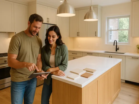 Couple reviewing kitchen remodel plans on a tablet in a newly renovated soft-modern kitchen with light oak island, quartz countertops, creamy cabinets, and pendant lighting.