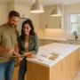 Couple reviewing kitchen remodel plans on a tablet in a newly renovated soft-modern kitchen with light oak island, quartz countertops, creamy cabinets, and pendant lighting.