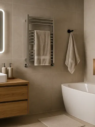 Modern beige bathroom with floating wooden vanity, LED mirror, heated towel rail, built-in shelving and a freestanding tub