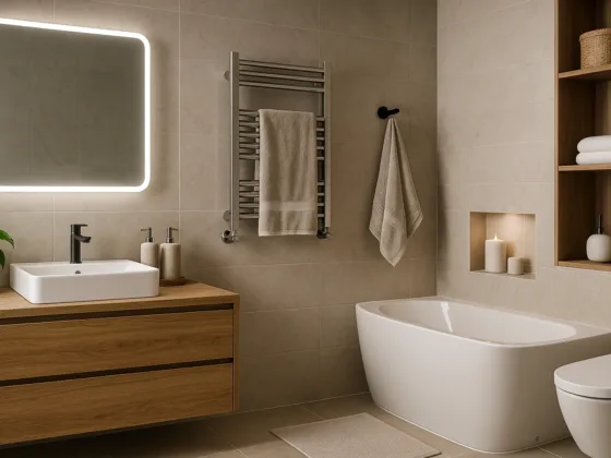 Modern beige bathroom with floating wooden vanity, LED mirror, heated towel rail, built-in shelving and a freestanding tub