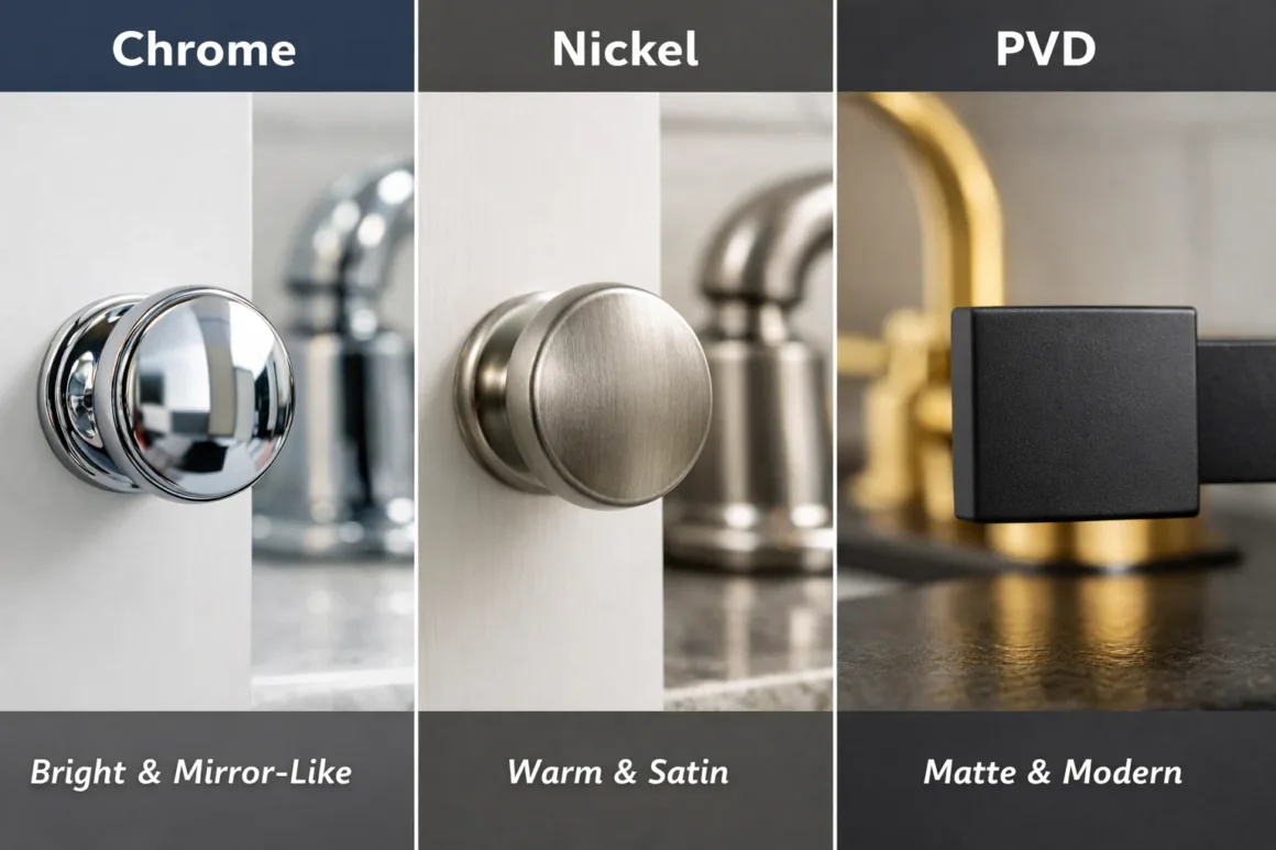 Comparison of chrome, nickel, and PVD finishes showing differences in shine, tone, and surface texture.