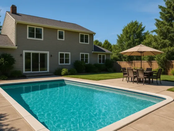 Suburban two-story home with a backyard in-ground pool and patio dining area on a clear summer day