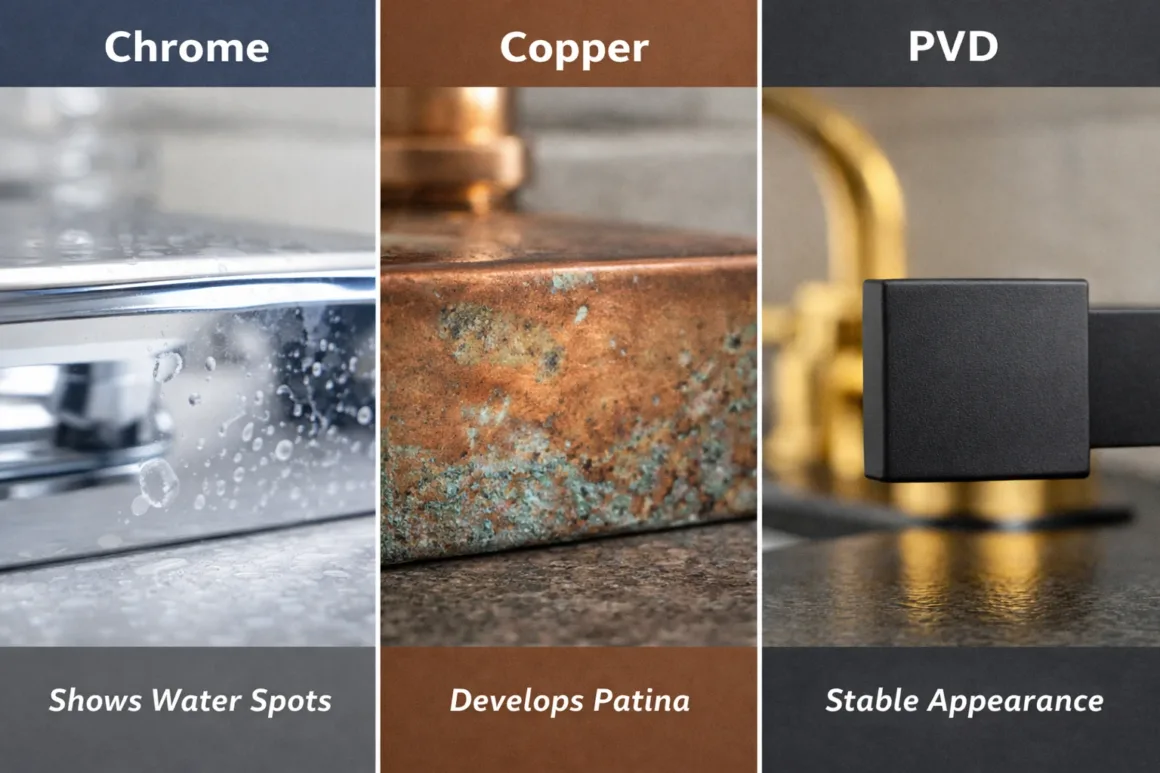 Comparison of how metal finishes age over time, showing water spots on chrome, patina on copper, and stable appearance of PVD.