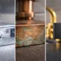 Side-by-side view of common metal finishes showing chrome shine, copper patina, and matte black texture.