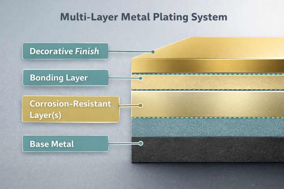 Diagram showing a multi-layer metal plating system with base metal, bonding layer, corrosion-resistant layers, and decorative finish.