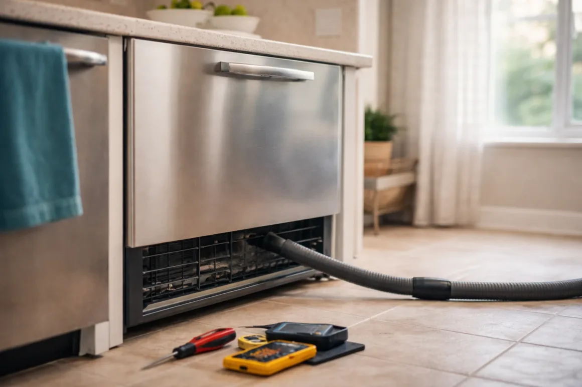 Cleaning refrigerator condenser coils in a home kitchen during routine maintenance