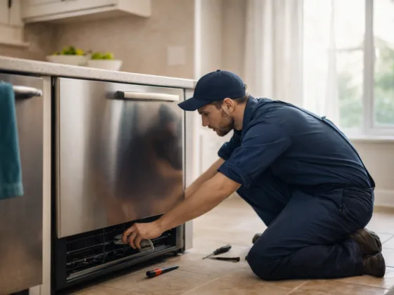 Technician checking a refrigerator in a home kitchen in Winter Garden, Florida