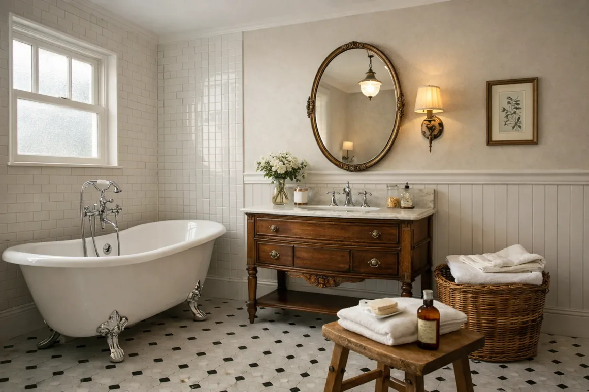 Vintage bathroom with clawfoot tub, subway tiles, and wooden vanity in a timeless, neutral design