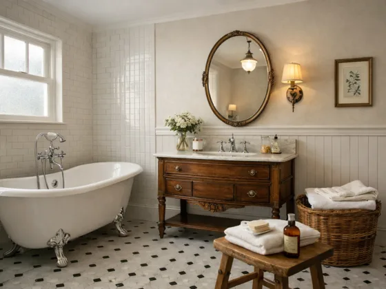 Vintage bathroom with clawfoot tub, subway tiles, and wooden vanity in a timeless, neutral design
