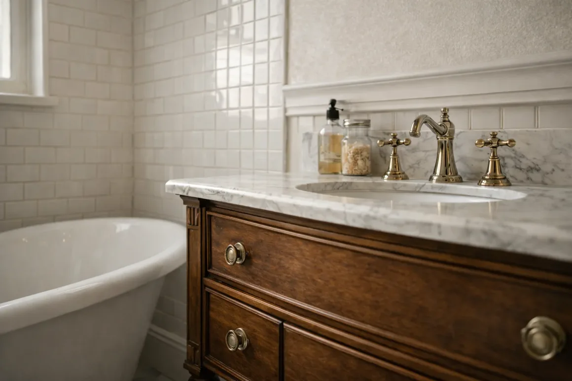 Close-up of a vintage-style bathroom with subway tiles, marble vanity top, and brass fixtures in a calm, timeless design