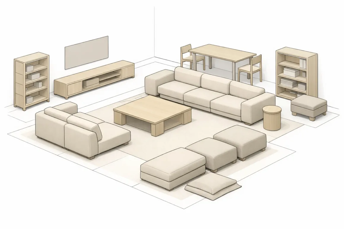 Flexible living room interior layout illustrated as a system, showing modular seating, storage, and furniture arranged for long-term adaptability rather than fixed styling.