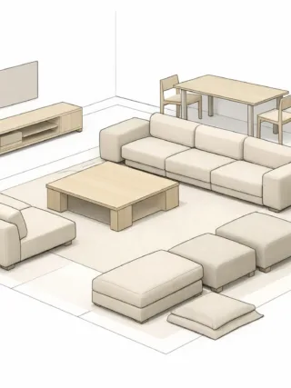 Flexible living room interior layout illustrated as a system, showing modular seating, storage, and furniture arranged for long-term adaptability rather than fixed styling.