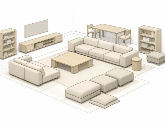 Flexible living room interior layout illustrated as a system, showing modular seating, storage, and furniture arranged for long-term adaptability rather than fixed styling.