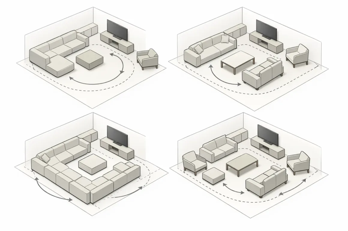 Isometric diagram showing flexible living room layouts with modular seating, illustrating circulation paths and reconfiguration options over time.