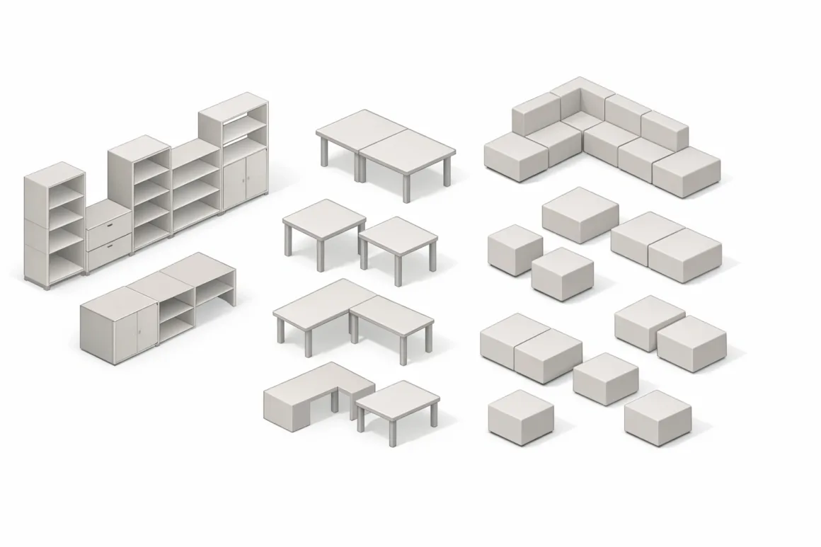 Modular furniture components arranged as an adaptive interior system rather than fixed standalone pieces.