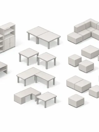Modular furniture components arranged as an adaptive interior system rather than fixed standalone pieces.
